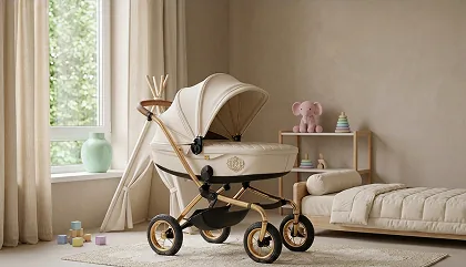A cream and gold pram in a nursery