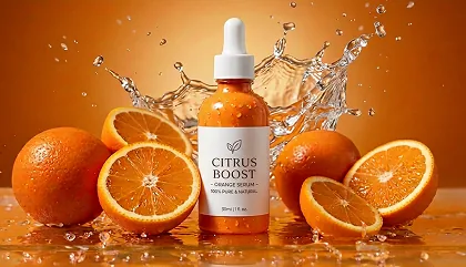 A citrus serum bottle in an orange splash surrounded by oranges