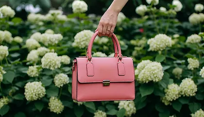 A pink leather handbag held in front of white hydrangeas