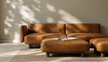 A tan leather sectional sofa in a sunlit room